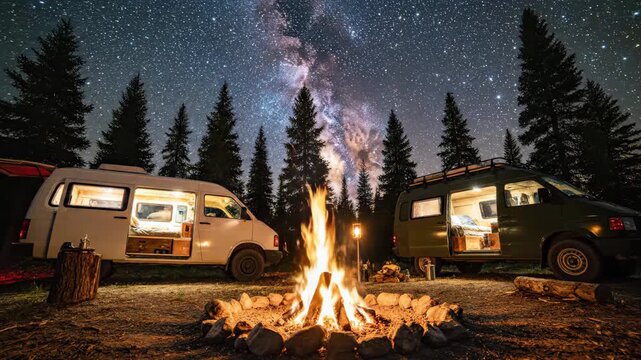 Camper van campsite under milkey way at night with campfire in forest clearing, outdoor adventure trip
