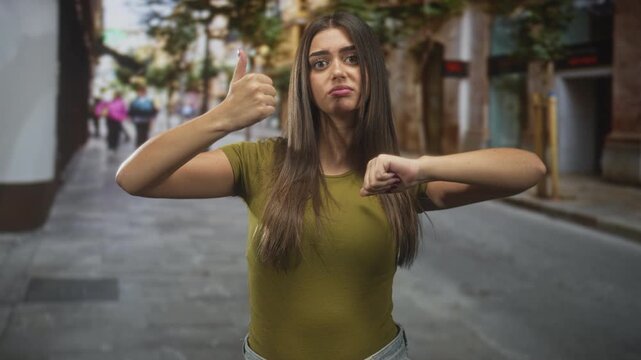 Young hispanic woman showing thumbs up and thumbs down with visible hands and neutral expression on a street; ambivalence and choice.