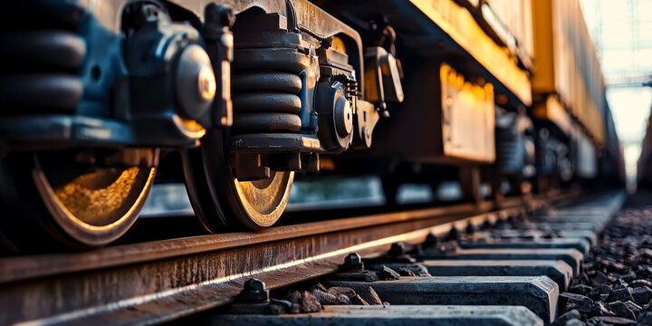 close-up of freight train wheels and suspension on railway tracks - rail transport, heavy industry, logistics and industrial infrastructure concept