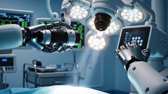 Robotic hands adjusting robotic camera and lighting inside operating room