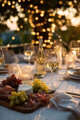 Outdoor dinner party setup with white linens, charcuterie, wine glasses and fairy lights. Elegant and romantic ambiance for summer gathering under the stars.