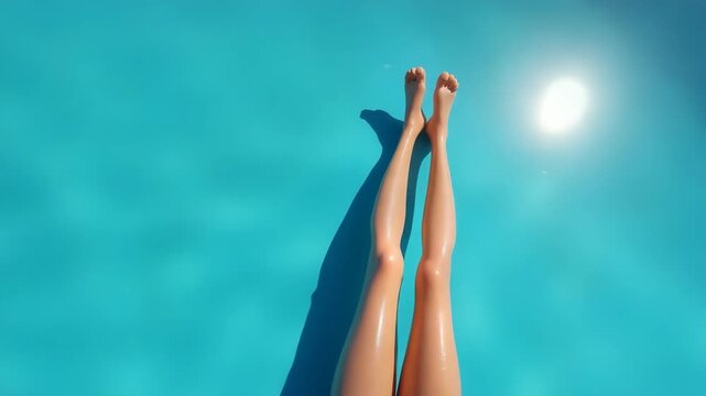 Minimal composition with doll legs and blue background. Sun and sharp shadows. Summer pool or sea diving concept. Vacation and relax inspiration..