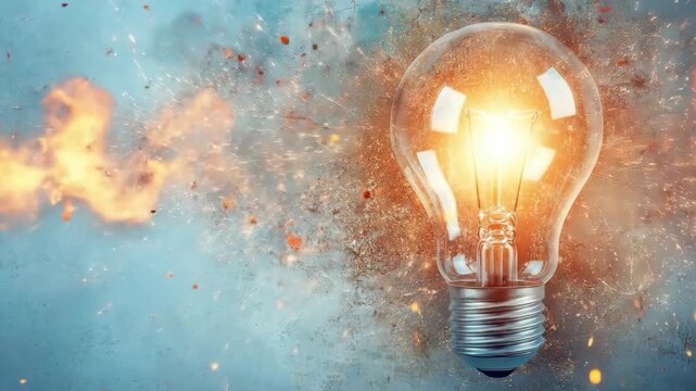 Conceptual image of a glass lightbulb exploding with bright yellow sparks and fire against a textured blue concrete wall. Symbolizes a sudden breakthrough or the birth of a powerful idea.