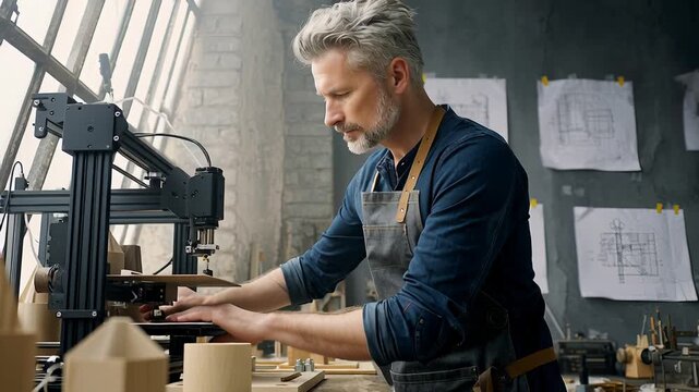 Skilled craftsman working in artisan workshop with modern 3d printing technology