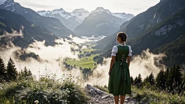 Woman in traditional dress on mountain path gazing at misty alpine valley and majestic peaks for cultural heritage concept and travel