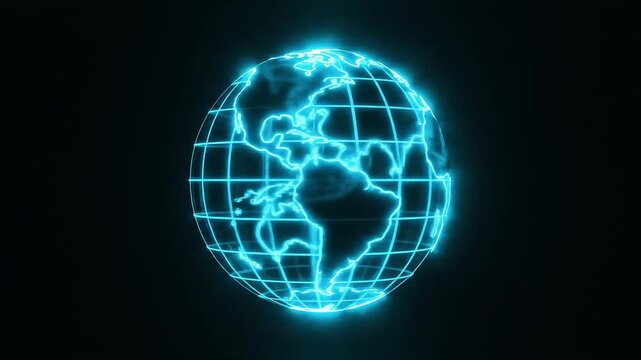 Animated minimalist globe icon, rotating 3D glowing grid lines animation