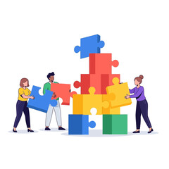 Teamwork assembling a colorful puzzle, collaboration and strategy concept