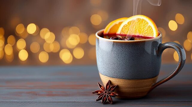 Cozy hot mulled wine with oranges and spices against festive bokeh lights
