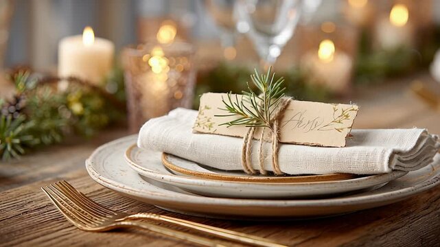 Elegant rustic table setting with candlelit ambiance for a cozy evening dinner