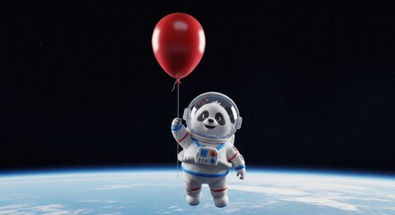 Cute Panda Astronaut Holding Red Balloon Floating in Outer Space Above Earth
