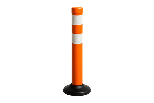 Isolated orange and white traffic bollard with black base on transparent background