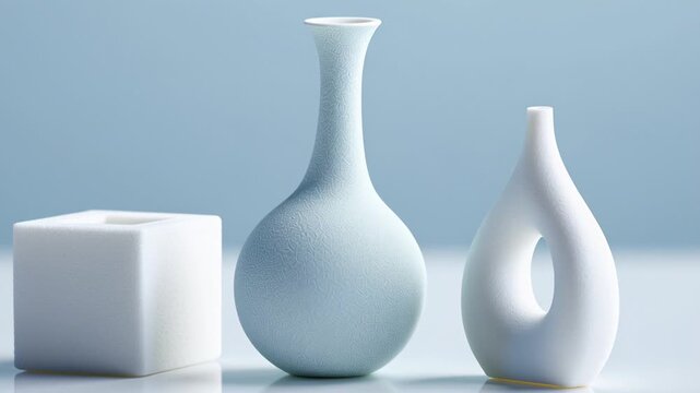 Minimalist ceramic vases and cube on soft blue background: modern home decor inspiration