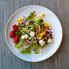 Delicious Healthy Salad with Tomatoes, Corn, Cabbage and Cheese