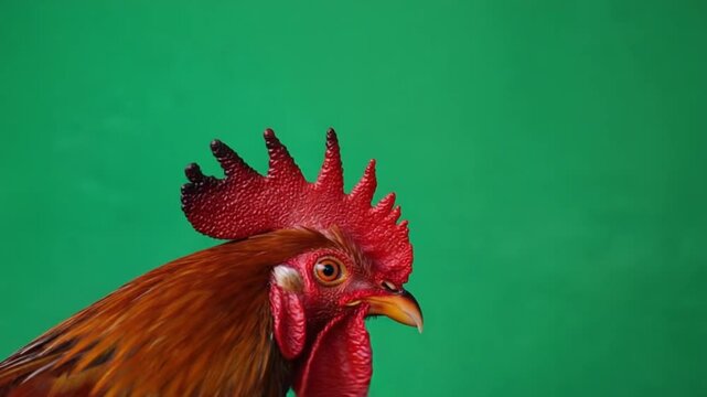 Vibrant rooster portrait with striking red comb on green background