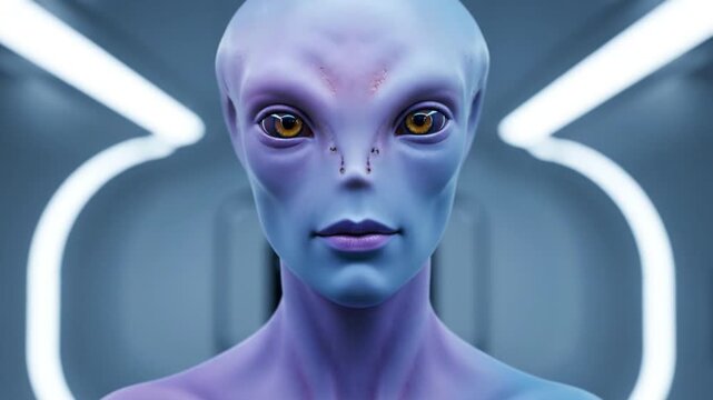 Futuristic Blue Alien Portrait Close-up in Spaceship