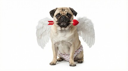 Pug dog dressed as Cupid with feather wings and heart underwear holding arrow in mouth on white background