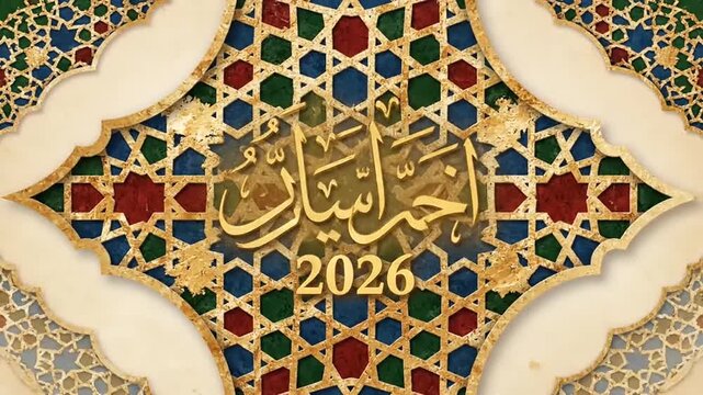 Elegant ornamental arabesque frame announces 'Ahmadiyyaan 2026' celebration. Gold and colorful geometric style, Middle Eastern, decorative.