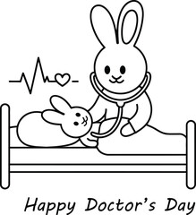 Doctor&rsquo;s Day Cute Rabbit Doctor Caring for Baby Patient Line Art
