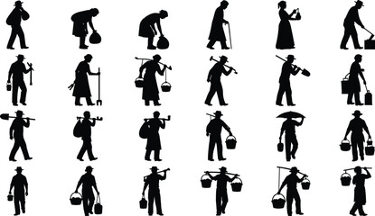 Fototapeta premium Black vector silhouettes of twenty-four historical manual workers and peasants carrying tools and baskets for heritage design