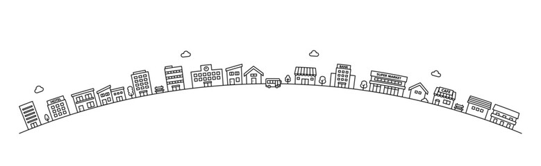 モノトーンの街並みの線画のイラスト素材｜ ベクター