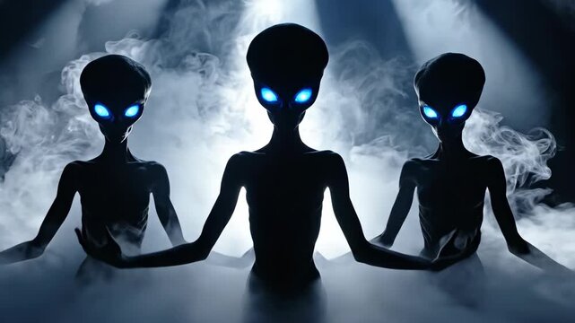 Silhouette figures of aliens with glowing blue eyes in rising mist under spotlights, showing extraterrestrial life and mystery concept