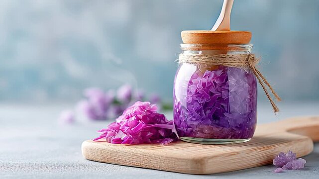 Fresh purple cabbage and pickled jar on wooden cutting board with leafy greens