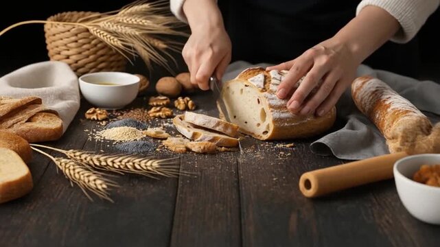 Baker Slicing Fresh Artisan Bread on Rustic Wooden Table.