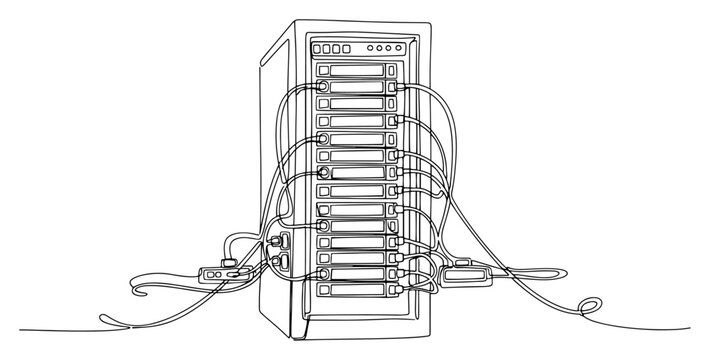 Minimalist continuous line drawing of a server rack cabinet with network cables in a data center