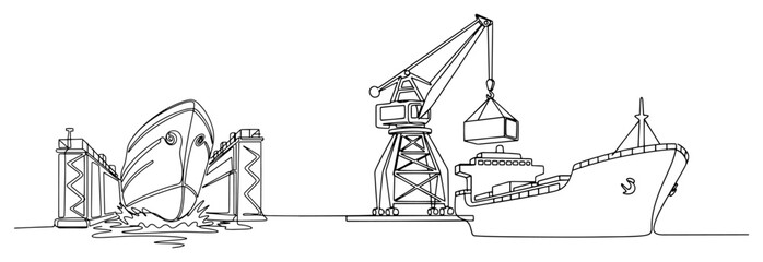 Continuous one line drawing of maritime logistics with a ship in dry dock and a harbor crane loading cargo © InsomniaVideo