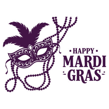 Happy Mardi Gras Mask with Feathers and Beads - Purple Illustration