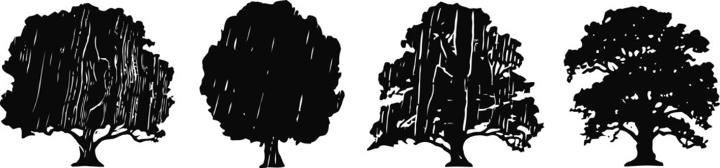 black silhouette of four different tree shapes isolated on white background, nature symbols