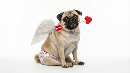 Profile view of Pug dog dressed as Cupid with wings holding arrow looking right on white background