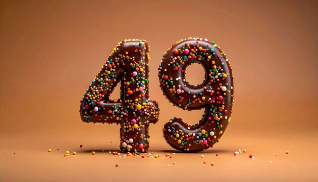 Chocolate number 49 covered with nonpareils and sprinkles on solid background. Photo for birthday or anniversary party