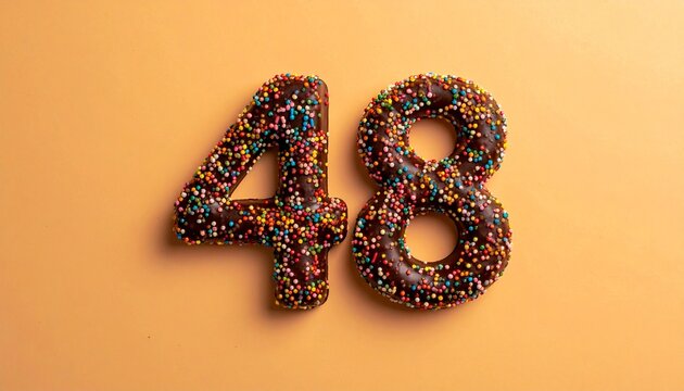 Chocolate number 48 covered with nonpareils and sprinkles on solid background. Photo for birthday or anniversary party