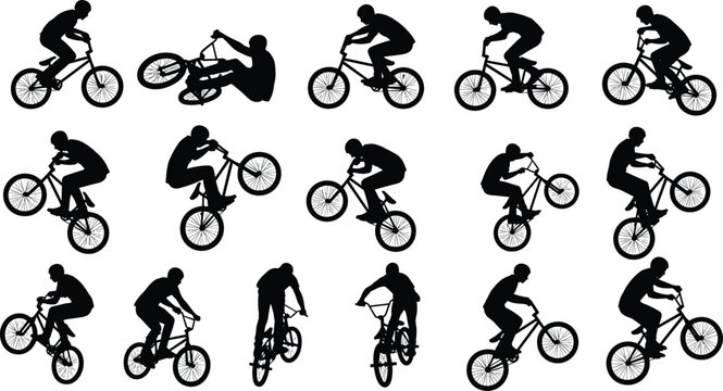 Large collection of BMX bicycle rider silhouettes performing various stunts and tricks in black isolated on white background vector illustration