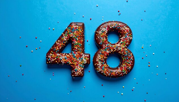 Chocolate number 48 covered with nonpareils and sprinkles on solid background. Photo for birthday or anniversary party