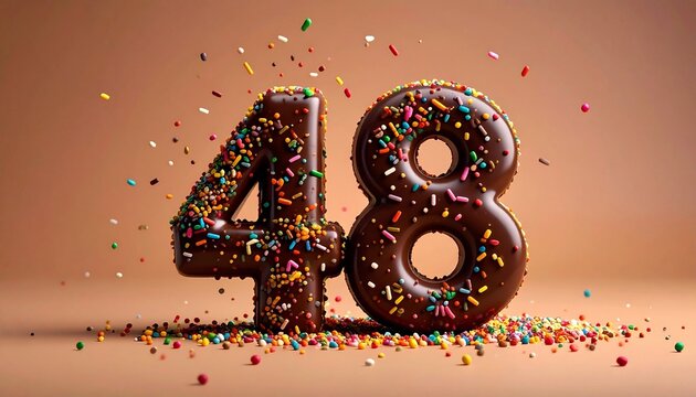 Chocolate number 48 covered with nonpareils and sprinkles on solid background. Photo for birthday or anniversary party