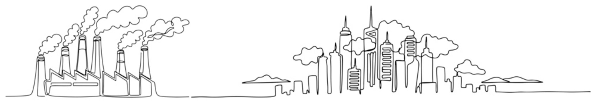 Continuous one line drawing showing a modern city skyline and an industrial factory with smoke clouds