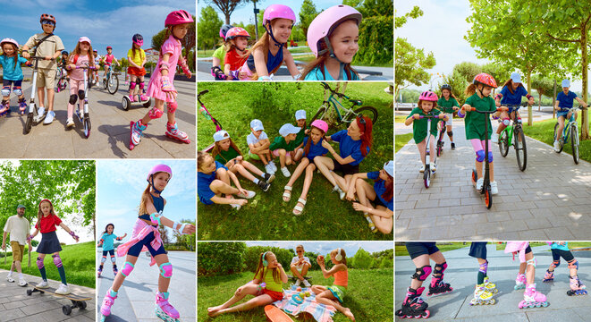 Collage of children riding scooters bikes and roller skates together in city park. Concept of active childhood, outdoor learning, kids sports programs, and youth education marketing visuals.