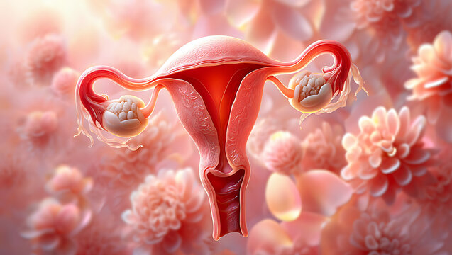 Anatomical illustration of the human uterus with ovaries and surrounding floral elements