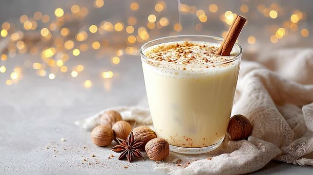 Cozy holiday eggnog with cinnamon and nutmeg surrounded by warm festive lights