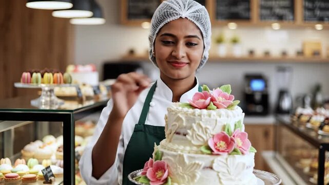Woman baker carrying a two-tier flower cake, then decorating, and finally presenting a finished pastry in a bakery shop dessert store.