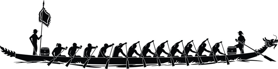 Detailed black vector silhouette of a traditional dragon boat with rowers and a flag representing teamwork and culture © NURUL