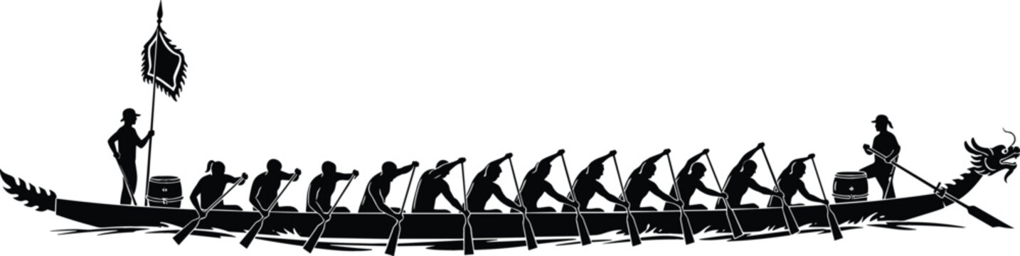 Detailed black vector silhouette of a traditional dragon boat with rowers and a flag representing teamwork and culture