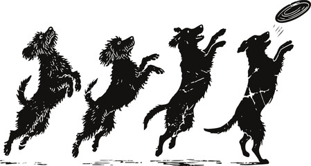 four dogs jumping and catching a flying disc in a playful outdoor scene