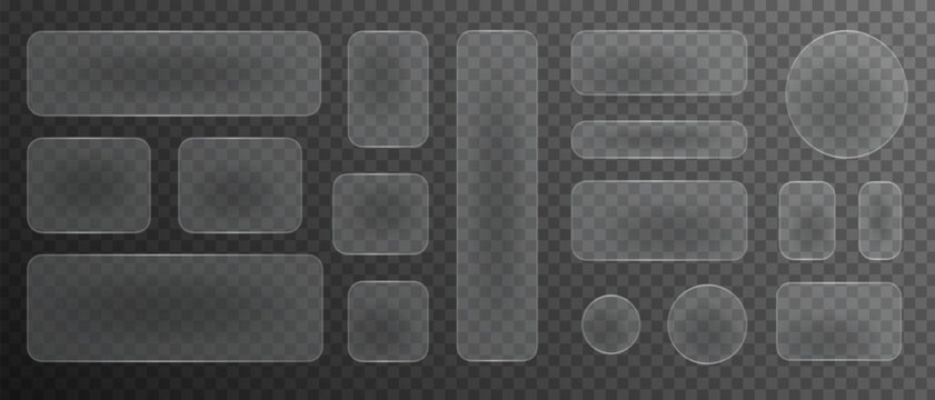 Glasmorphism liquid button frames, Glass texture geometric rectangular and round shapes, Blurred glass effect with glare.