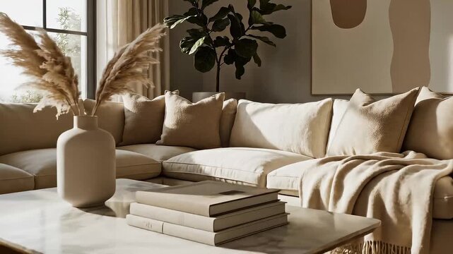 Contemporary living room with neutral color palette, L-shaped sofa coffee table