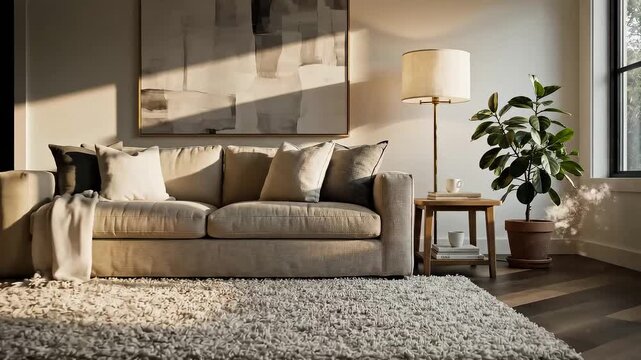 Contemporary living room with neutral sofa side table floor lamp