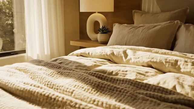 Cozy modern bedroom with soft bedding, modern side tables natural sunlight