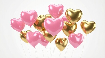 Group of glossy pink and gold heart shaped balloons floating on white background 3D illustration